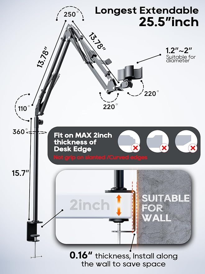 Boom Arm, 360° Rotatable Microphone Stand with Desk Mount, Foldable Desk Mic Arm with 3/8'' to 5/8'' Screw Adapter, Microphone Arm for Live Streaming, Gaming, Podcasting