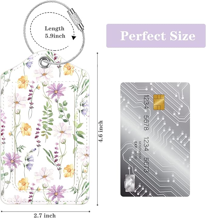 (Set of 2) Luggage Tag Leather Privacy Cover ID Label Address Card with Stainless Steel Loop, Travel Bag Tags Suitcase Labels, White Daisy