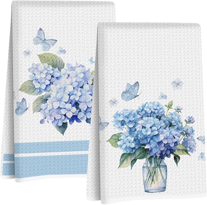 2Pcs Hydrangea Kitchen Towels 24x14 Inch, Spring Summer Flower Waffle Hand Towels for Kitchen Home Decor, White Absorbent Microfiber Dish Cloth Tea Towel, Housewarming Gifts for Women Mom Grandma