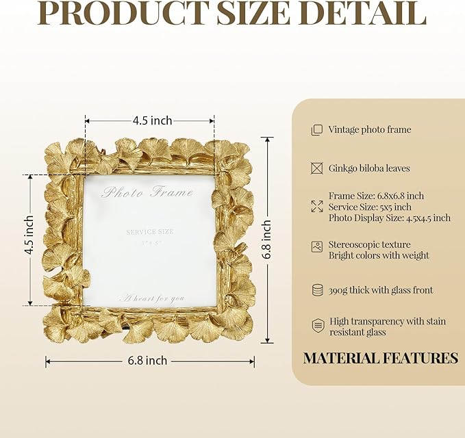 Cuspin 5x5 Picture Frame Vintage Gold Frames, Gold Ornate Leaf Textured Hand-Crafted Resin with Glass Front, Antique Square Photo Frame for Tabletop Display, Retro Design Home Decor