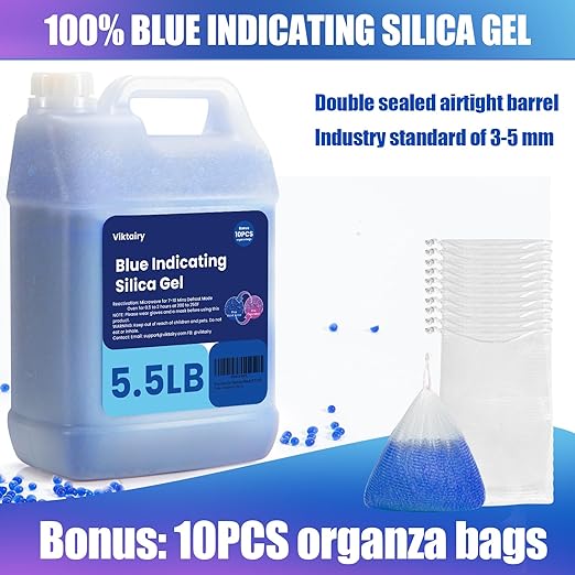 5.5LBS Silica Gel Desiccant Beads, Premium Blue Indicating Reusable Desiccant Bulk, Industry 3-5 mm Silica Beads Dehumidifier for 3D Filament, Electronic Devices, Camera, Jewelry, Safe (10PCS Bags)