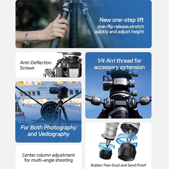 YC ONION Tako T23 Carbon Fiber Tripod with 52mm Bowl Head and FH60S Fluid Head, 3/8" Top Thread, 3 Leg Sections, One Flip Quick Release, Travel Tripod Stand for DSLR Cameras,Camcorders (Max Load 22lb)