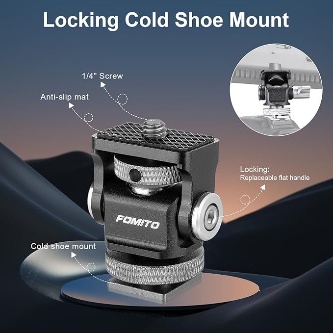 FOMITO Metal Camera Monitor Mount with 1/4" Serew and Cold Shoe, Rotary Adapter 360° Swivel Universal for Flash Speedlite, Field Monitor, LED Video Light, Microphone,etc- Gray Color