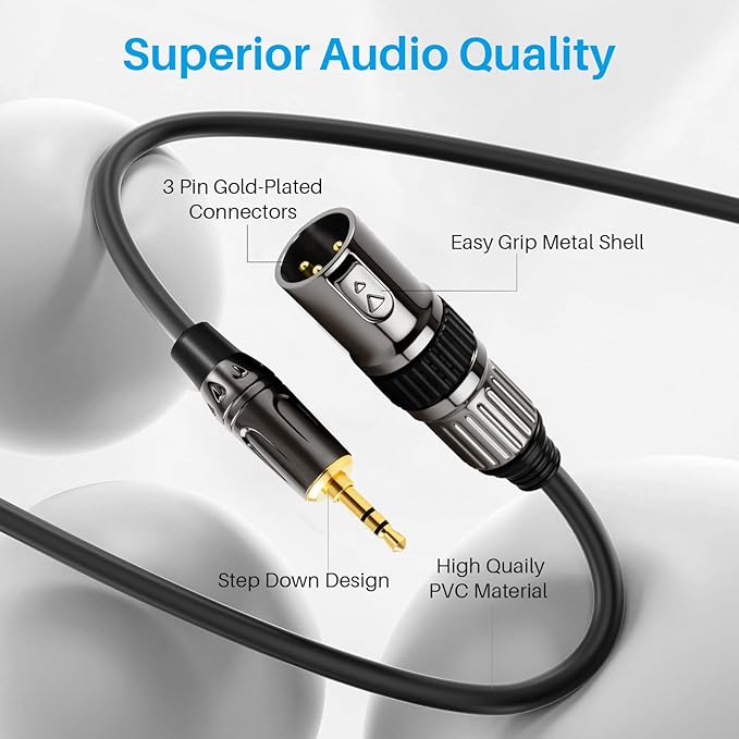 XLR to 3.5mm (1/8 inch) Microphone Cables, 1 Pack 6 Feet Oxygen-Free Copper 3-Pin Male to Male XLR Cables for Smartphone,Laptop, MP3 Player, Podcast Audio Mixer and More