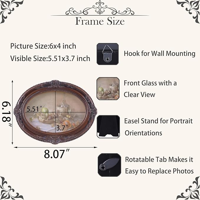 Vintage Picture Frames 4x6 Ornate Distressed Brown Antique Pictue Frames with Real Glass Cover for Wall & Tabletop Display Victorian Home Decor Gallery Wall Decor,Oval