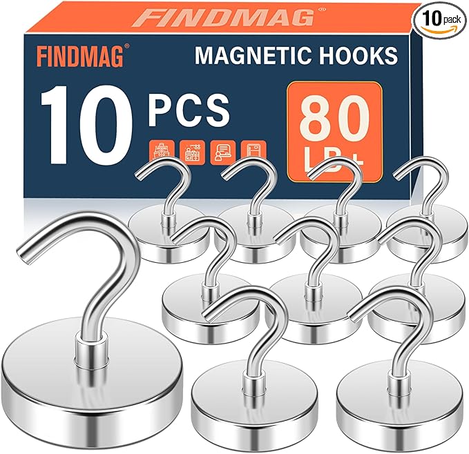 FINDMAG Magnetic Hooks for Cruise Cabins, 80lbs Magnetic Hooks for Hanging, Magnet Wall, Strong Magnets Heavy Duty, Classroom Decor, Locker Decorations, Office Accessories, 10 Pack, Silver