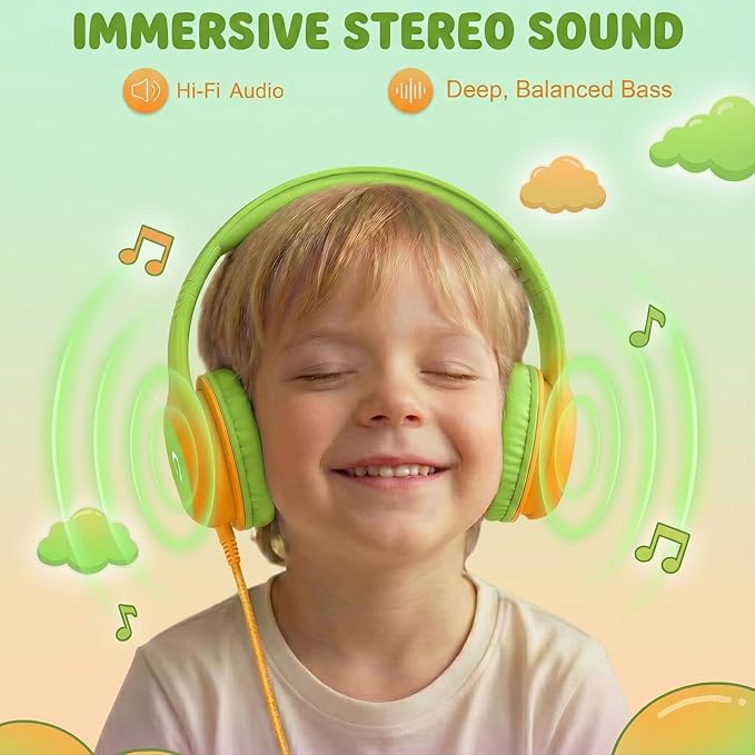 Wired Kids Headphones with USB C Plug, 85dB Safe Volume, Adjustable Headband, Tangle-Free Cord Headphones for School, Tablet, Travel (Lime Green & Orange, Without Microphone)