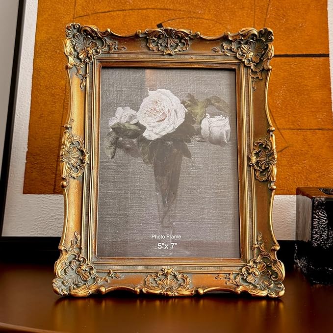 CISOO 5x7 Vintage Picture Frame Antique Ornate Bronze Gold Photo Frame, for Table Top and Wall Display, Decorative Floral Design Retro Home Decor, Photo Gallery Art