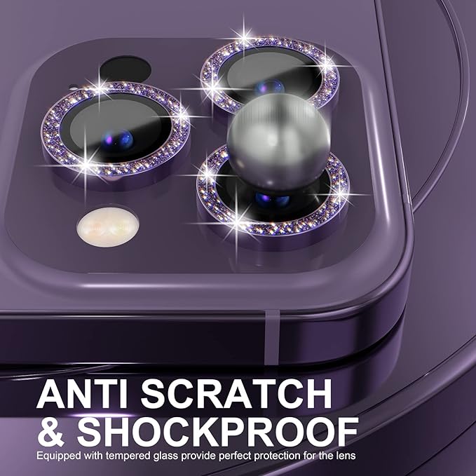 Choiche Compatible for iPhone 14 Pro/iPhone 14 Pro Max Camera Lens Protector Bling, 9H Tempered Glass Camera Cover Screen Protector Metal Ring Decoration Accessories (Glitter-Purple)