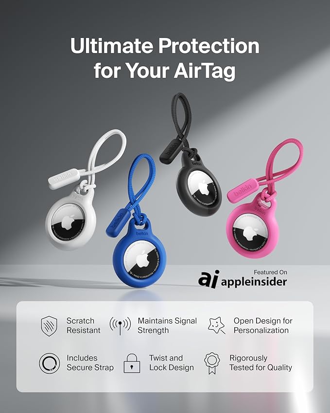 Belkin Apple Airtag Secure Holder With Strap - Apple Air Tag Keychain - Airtag Holder With Strap For Key Ring - Airtag Keychain Accessories - Scratch Resistant Airtag Case With Raised Edges - White