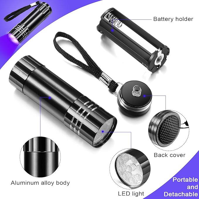 Riakrum 12 Pcs UV Blacklight Flashlights LED Handheld Mini Light Flashlight Small Portable Detector 395nm 9 LED Light for Pet, Carpet Dry Stains Detection, Spot Scorpions, Resin Curing (Black)