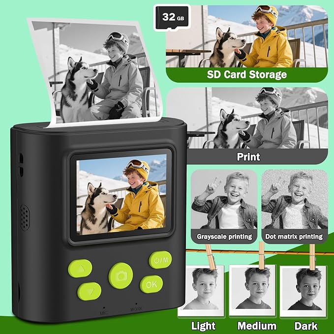 Zicor Kids Camera Instant Print, HD Digital Video & Instant Print Camera for Kids, Fun Christmas Birthday Gifts for Boys and Girls, Comes with 32GB SD Card, Lightweight & Portable - Black