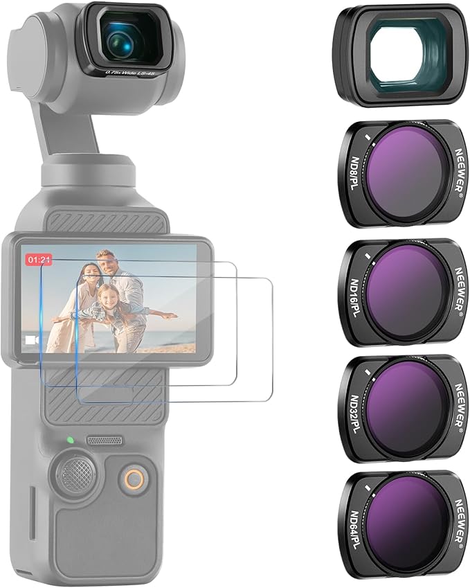 NEEWER ND/PL Filter Set (4 Pack) & 0.75X Wide Angle Lens Compatible with DJI Osmo Pocket 3 Creator Combo Accessories, ND8/PL ND16/PL ND32/PL ND64/PL Polarized ND CPL with Screen Protectors, FL-B07