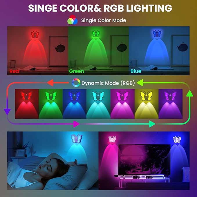 LOFTEK Rechargeable Motion Sensor Light, RGB Color Changing & Dimmable Night Light, Cute Butterfly Light for Kids' Bedroom, Bathroom, Hallway, Tent & Stairs - Ideal Home Decor & Gift, Yellow of 4