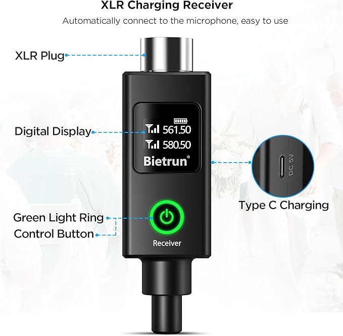 Bietrun XLR Wireless Microphone, Rechargeable Dual Metal Cordless Handheld Dynamic Mics for Mixer, Audio Interface, PA Amplifier System, Church, Singing, Karaoke(UHF 240FT Range)(with 6.35 Adapter)