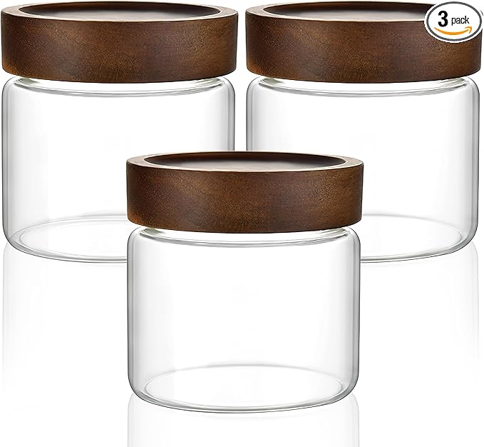 MOLADRI 3 Pack 17 fl oz/500ml Clear Glass Storage Canister with Airtight Wooden Screw On Lid, Small Cute Decorative Glass Container Jar Set for Coffee, Candy, Cookie, Condiment, Pepper, Sugar, Oatmeal