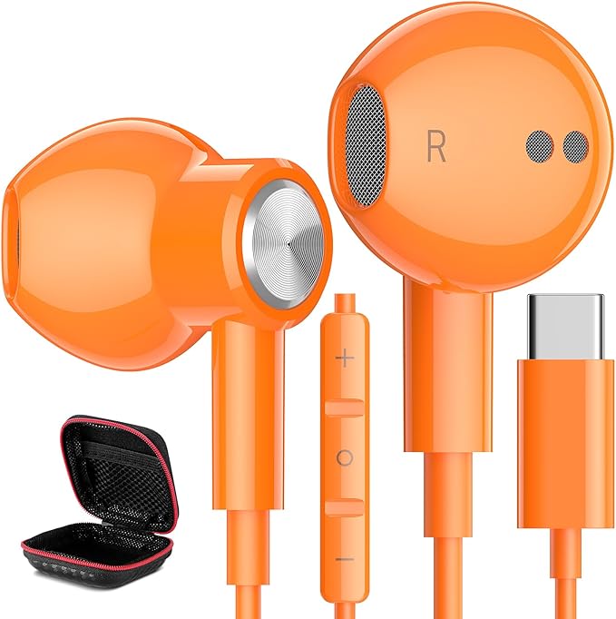 USB C Headphones Wired Type C Earphones for Samsung/Galaxy S26 S25 S24 Plus S23 S22 S21 S20 Note 20 Ultra DAC Magnetic Corded Earbuds for iPhone 15 16 16e 17 Air for Apple/Android Ear Buds Orange