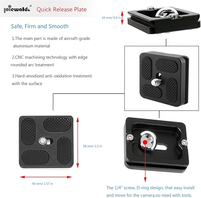 Aluminum Metal Quick Release Plate with 1/4" D-Ring Screw/Slotted Screw and 3/8" to 1/4" Mount Screw Adapter, Tripod Mounting Plate Fits Arca-Swiss for SLR Camera Tripod Ball Head (PU-40)