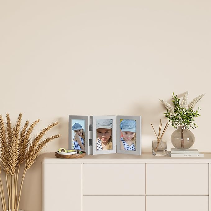 decorUhome Triple 4x6 Picture Frame Vertical, Engineered Wood Trifold Photo Frame with Plexiglass for Tabletop Display, 4x6, Silver
