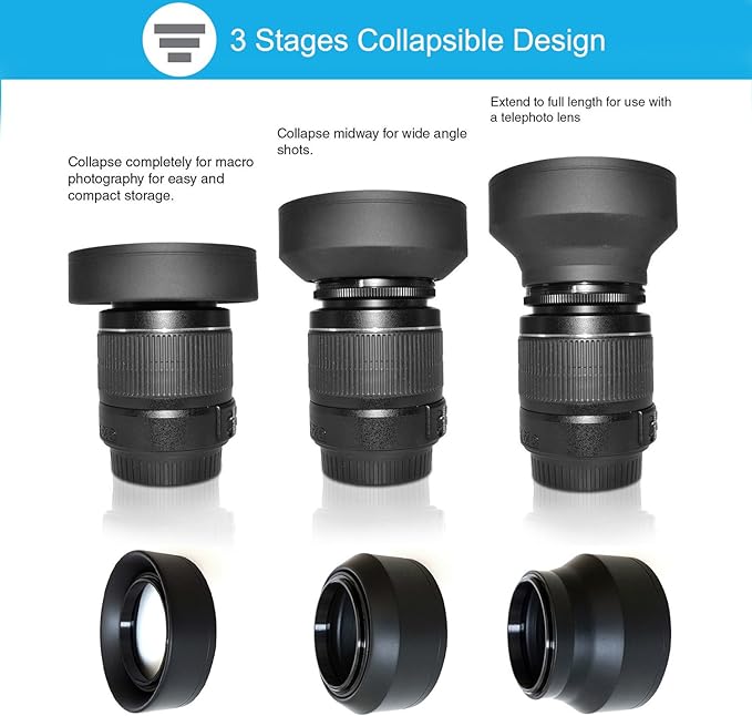 55mm Lens Hood Set Compatible with Nikon D3400 D3500 D5500 D5600 D7500 DSLR Camera with AF-P DX 18-55mm f/3.5-5.6G VR Lens, Collapsible Rubber Hood + Reversible Tulip Flower Hood + Lens Cap