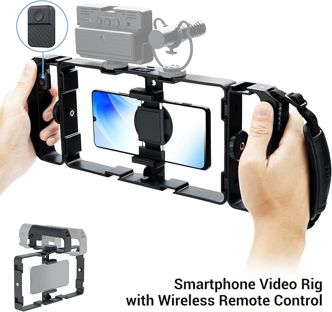 [Wireless Remote] Magnetic Smartphone Video Cage Rig for iPhone 16 15 14 13 12 Pro Max Mini & Magsafe Case,Universal Cell Phone Stabilizer Rig with 6 Cold Shoe Mounts,Phone Cage Rig for Filming