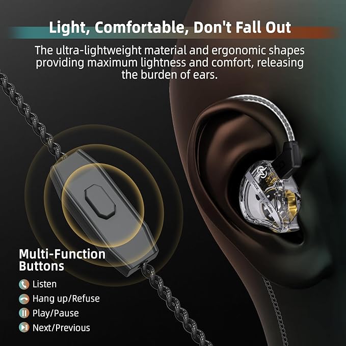 CCZ DC01 Pro Gaming Earbuds, Professional iems for Gaming, Super Bass in Ear Monitor Headphones Wired Earphones with 1DD, Patent Ear fins, Ear tips, for School Student Laptop Podcaster (Cyan with mic)
