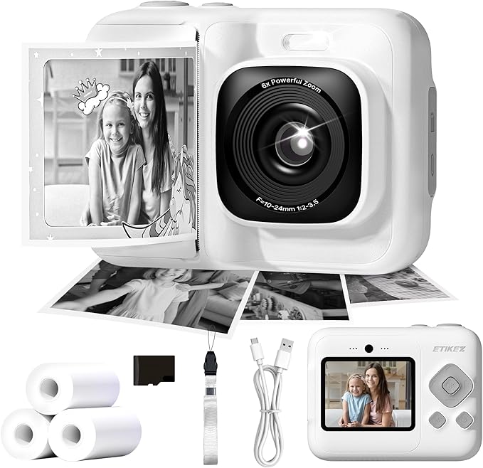 ETIKEZ Kids Camera, 1080P Instant Digital Print Camera for Kids, Christmas Birthday Gifts for 4 5 6 7 8 9 10 Year Old Girls Boys, Portable Toy with 32GB SD Card & 3 Rolls Printing Paper, White