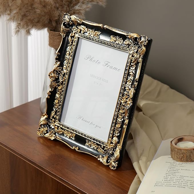 Cuspin 5x7 Picture Frame Black and Gold Frames, Vintage Baroque Handcrafted Resin Frames with Glass Front, Ornate Textured Design Decorative Picture Frame for Tabletop & Wall Display