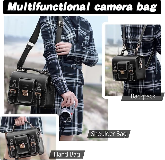 Cwatcun Leather Camera Bag Compact Shoulder Bag for Women, Vintage Sling Case Crossbody, Travel Photography Backpack for Canon, Nikon, Sony, Fuji DSLR/SLR/Mirrorless Cameras, Lens Accessories