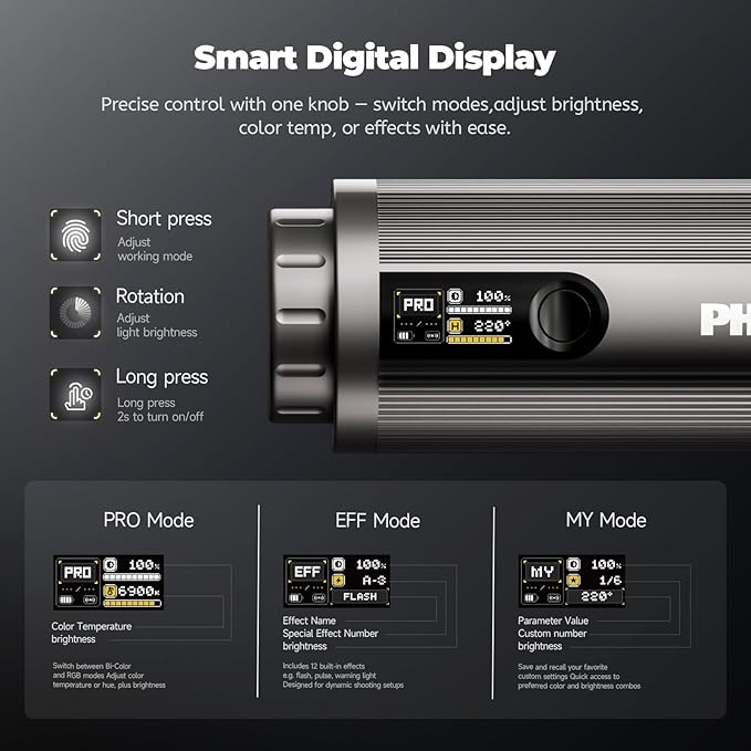 PHOTOOLEX PRO 12W RGB Photography Flashlight, 360 ° Full Color LED Portable Spotlight, Conical Optical Snoot Kit with 10 Metal Gobos/9000mAh/3 Lens/CRI 96+/12 Effects, LCD Display, APP Control