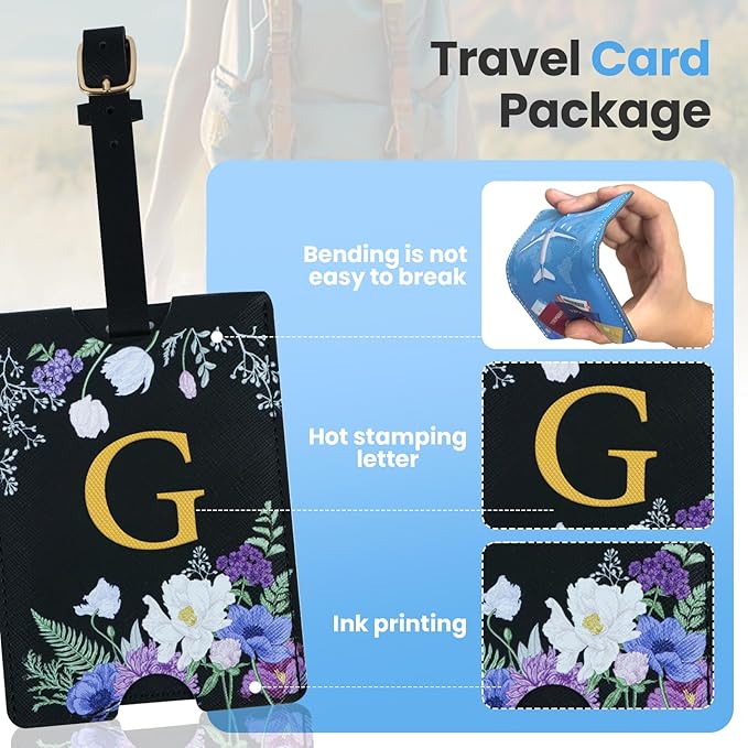 2 Pack PU Leahter Luggage Tags with PU Leather Straps, Fun Travel case Labels, Privacy-Protected ID Card Holders, Allowing for Quick Identification of Luggage and Easy locating of Your Bags (G)