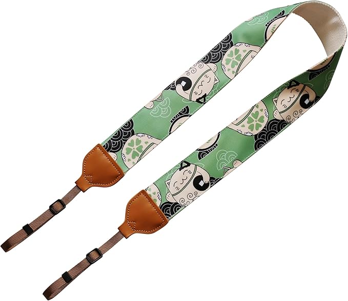 UNIKSTRAP Original Design Adjustable Camera Strap “Green Fortune Cat”, 2 Inch (5cm) Width, Fit for Canon Nikon Sony Interchangeable Lens Digital Camera/DSLR