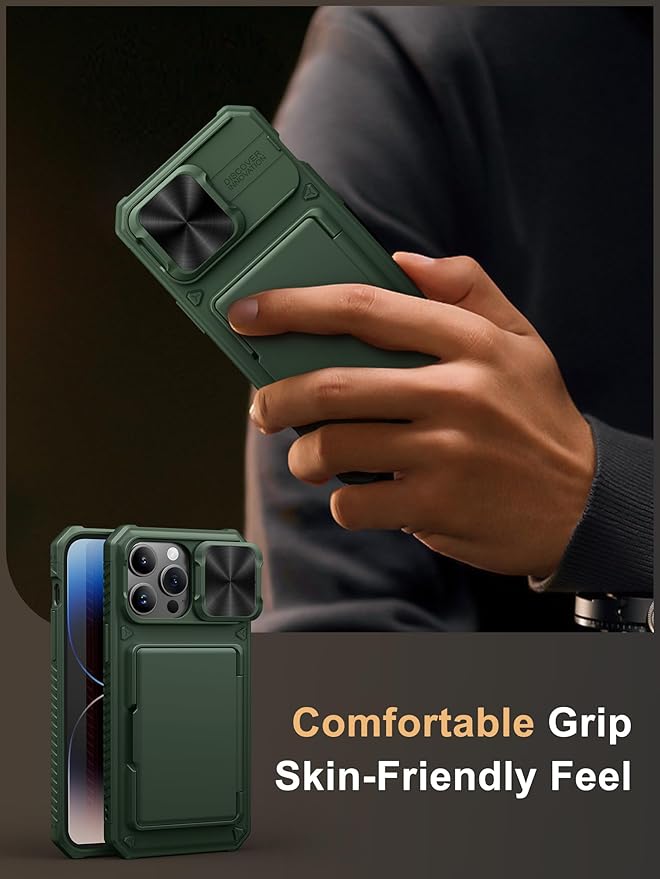 Vihibii for iPhone 14 Pro Max Wallet Case, Built-in Card Holder (4 Cards), [RFID Blocking] & Slide Camera Cover, Military Grade Drop Protection, TPU Soft Edge Wallet Phone Case, 6.7" 2022, Green