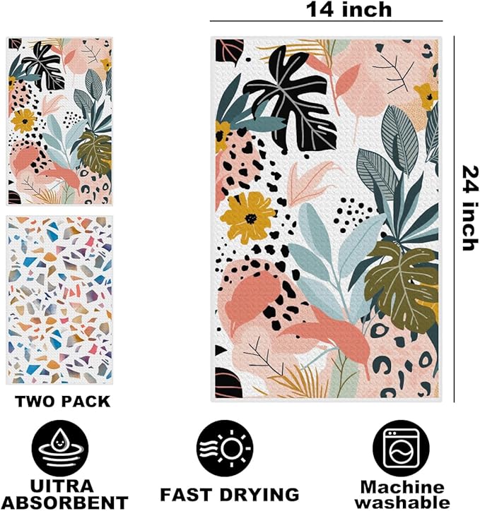2Pcs Boho Palm Leaves Kitchen Towels 24x14 Inch, Colorful Geometric Pattern Hand Towels for Kitchen Home Decor, Absorbent Microfiber Dish Cloth Tea Towel, Housewarming Gifts for Women