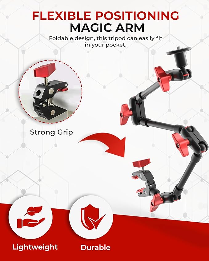 REFLEX CAMERA Metal Articulating 32" Magic Arm with Super Clamp Overhead Camera Mount – 1kg Load Capacity, Boom Arm with 1/4", 3/8" Screws Mounts - Photography, Videography & Streaming - Adjustable