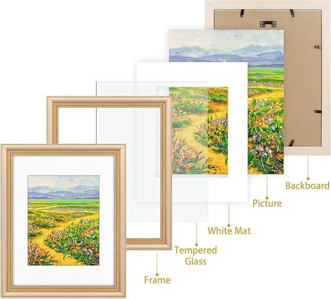 Golden State Art,11x14 Ornate Picture Frame for 8x10 Photo with Mat or 11 x 14 Prints Without Mat, Real Glass Wall Display Horizontally or Vertically (Color:Champagne Gold)
