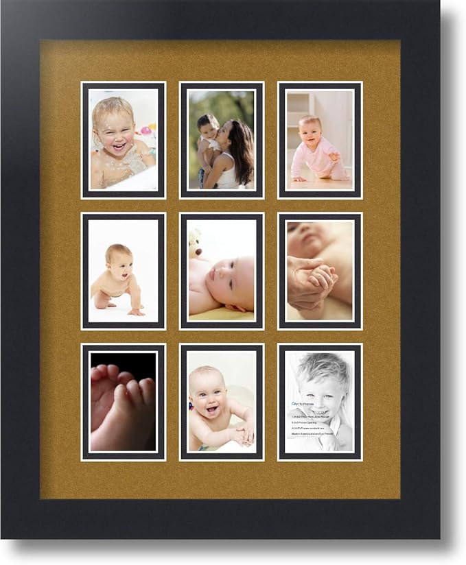 ArtToFrames Collage Photo Frame Double Mat with 9-2x3 Openings with Satin Black Frame and El Dorado mat.