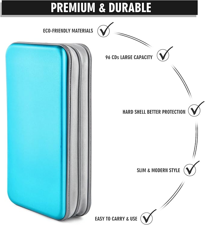 DVD Case, Bivisen CD Case Holder Wallet Binder 96 Capacity CD/DVD Cases Storage Holder Binder Organizer Wallet Book for Car Home Travel (Sky Blue)