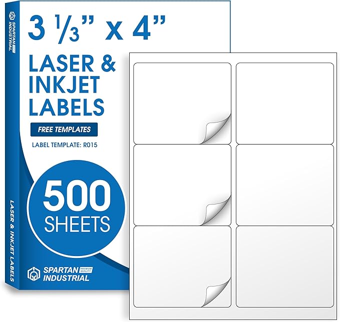 4" X 3.33" Matte White Printable Shipping Labels (500 Sheets, 3000 Stickers) Address and Mailing Labels for Laser & Inkjet Printers - Spartan Industrial Template R015