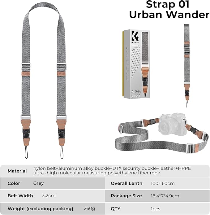 K&F CONCEPT 32mm Camera Neck Strap for Photographers Camera Strap Quick Release Clip Adjustable Sling Strap Compatible with Nikon Canon Sony Olympus DSLR Camera Grey