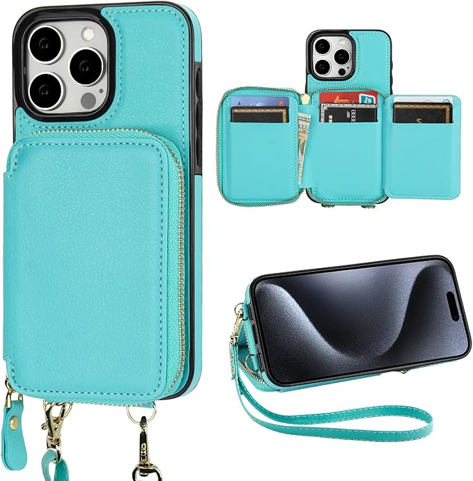 Bocasal RFID Blocking Wallet Case for iPhone 15 Pro Max, Adjustable Crossbody Zipper Purse Card Holder with Kickstand and Detachable Wrist Strap, PU Leather Flip Folio Case 6.7 Inch 5G (Mint Green)