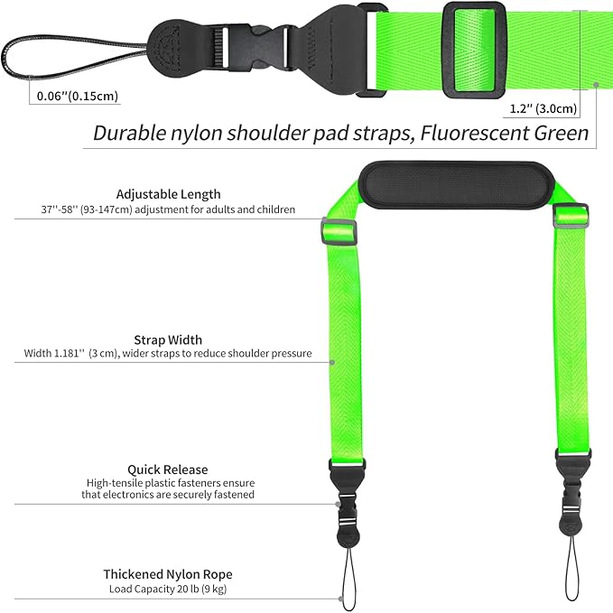 Universal Shoulder Strap, Neoprene Padded Bag Strap with Double Adjustable Buckles, Comfortable Neck Lanyard for Camera, Cellphone Tablet,iPad, Laptop, Binocular, Luggage Bag(Fluorescent Green)
