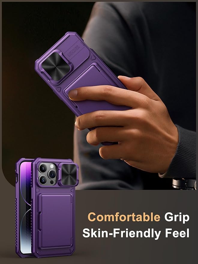 Vihibii for iPhone 14 Pro Max Wallet Case, Built-in Card Holder (4 Cards), [RFID Blocking] & Slide Camera Cover, Military Grade Drop Protection, Rugged Hard Wallet Case, 6.7" 2022, Dark Purple
