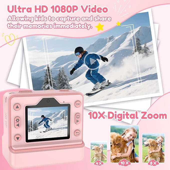 Kids Camera Instant Print, Christmas Birthday Gifts for Girls Age 3-12, Dual-Lens Selfie Camera for Kids with 1080P Videos, 2.4 Inch Screen, 32GB SD Cards & 3 Rolls Print Paper