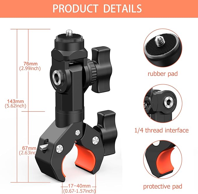 Bike Motorcycle Handlebar Camera Clamp Mount for Gopro Insta360 X5 X4 X3 X2 ONE RS R Mevo Start DJI Action Cameras, Super Clamp Bracket with 1/4" Thread Interface Magic Arm for Moto/Bicycle/Pole