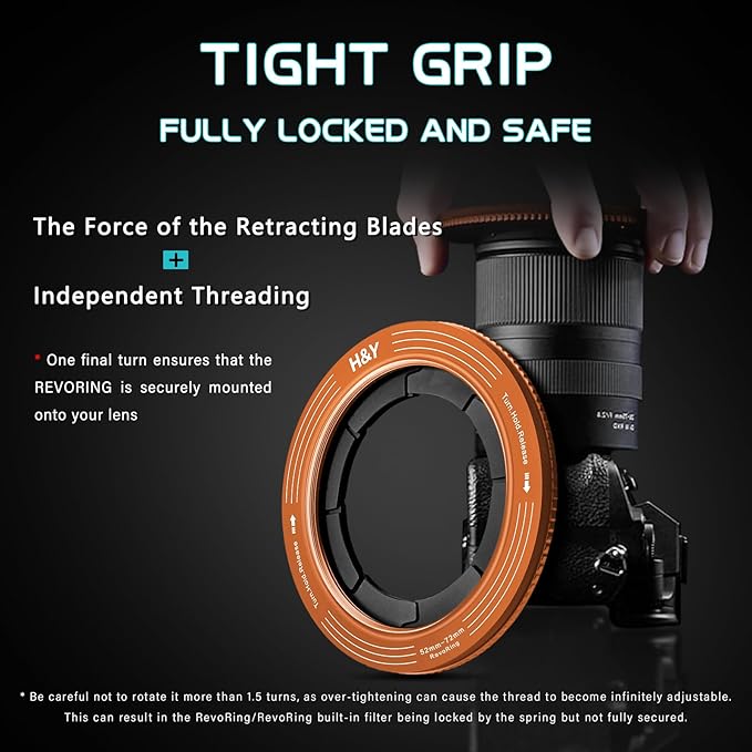 H&Y RevoRing Adjustable Step Up Ring 52-72mm to 77mm, Variable Lens Filter Adapter Ring, Universal Stepping System fits 52 55 58 62 67 72mm, Orange