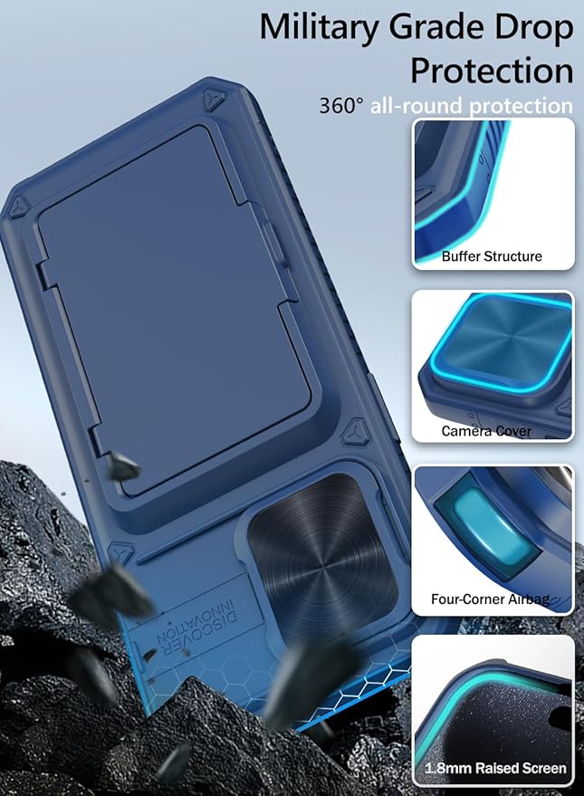 Vihibii for iPhone 15 Pro Max Case with Card Holder (4 Cards), Built-in 2X Tempered Glass Screen Protector & Slide Camera Cover & Kickstand, Military Grade Drop Protection, Rugged Wallet Case, Blue