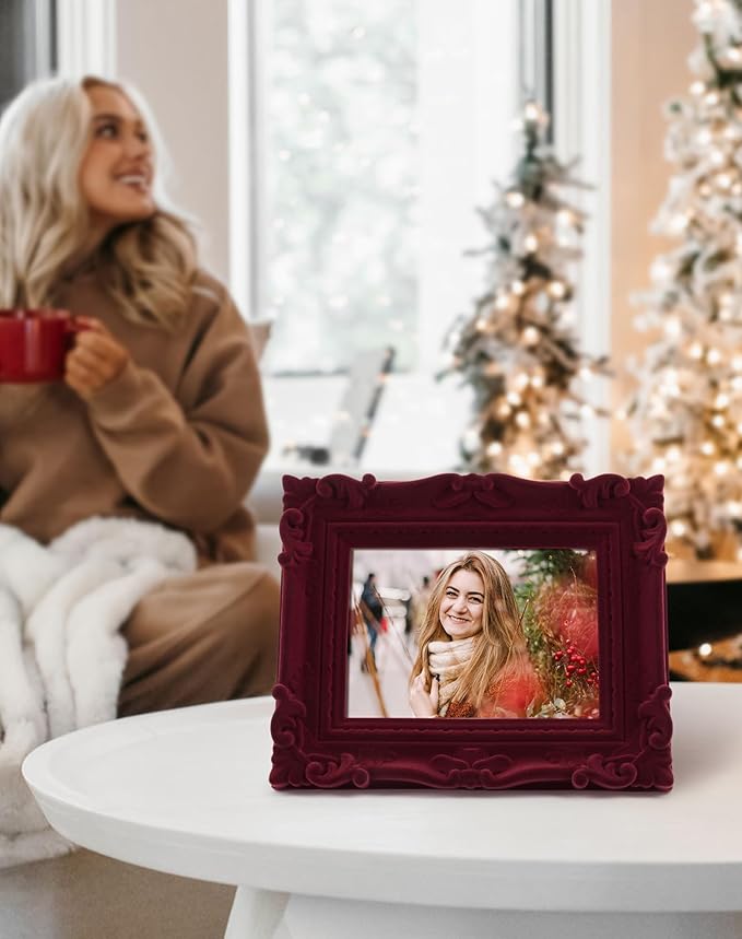 Retro Picture Frame 5x7, Red Rococo Ornate Frame for Plants Flower Art Prints Drawings, 5 by 7 Decorative Photo Frames with Real Glass and Stand, Gallery Home Office Decor (Wine Red)