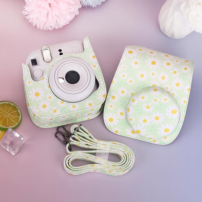 Frankmate Protective Case Fit for Fujifilm Instax Mini 12 11 9 8 Camera, PU Leather Camera Bag with Pocket and Adjustable Shoulder Strap (Green Daisy)