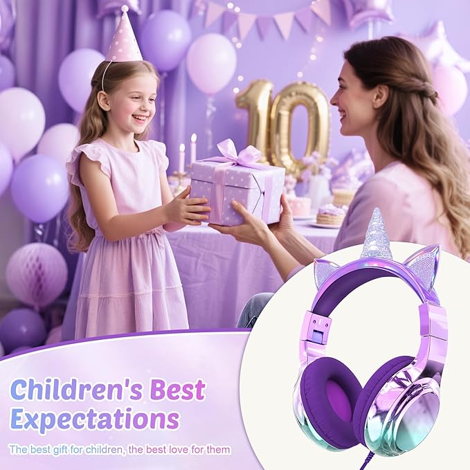 QearFun Kids Unicorn Headphones with USB C for Girls with Microphone, 85/94dB Safe Volume Limiter, Tangle-Free Cord, Share Port, Foldable Sparkly Wired Headset for School, Travel, Tablet, iPad